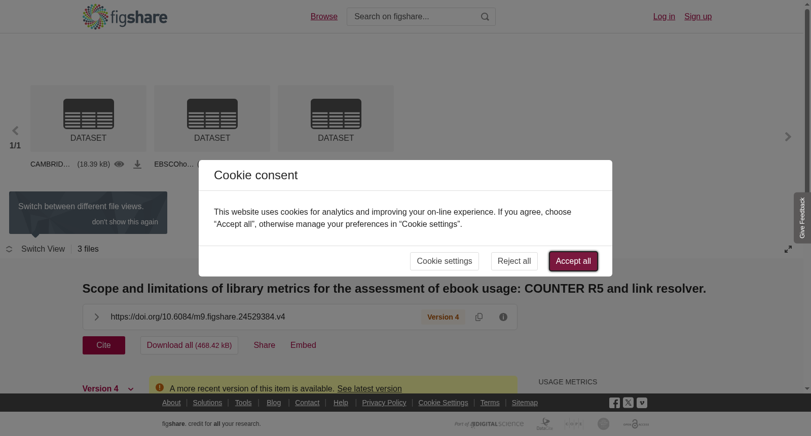 <b>Scope and limitations of library metrics for the assessment of ebook usage: COUNTER R5 and link resolver. </b> 数据集图片
