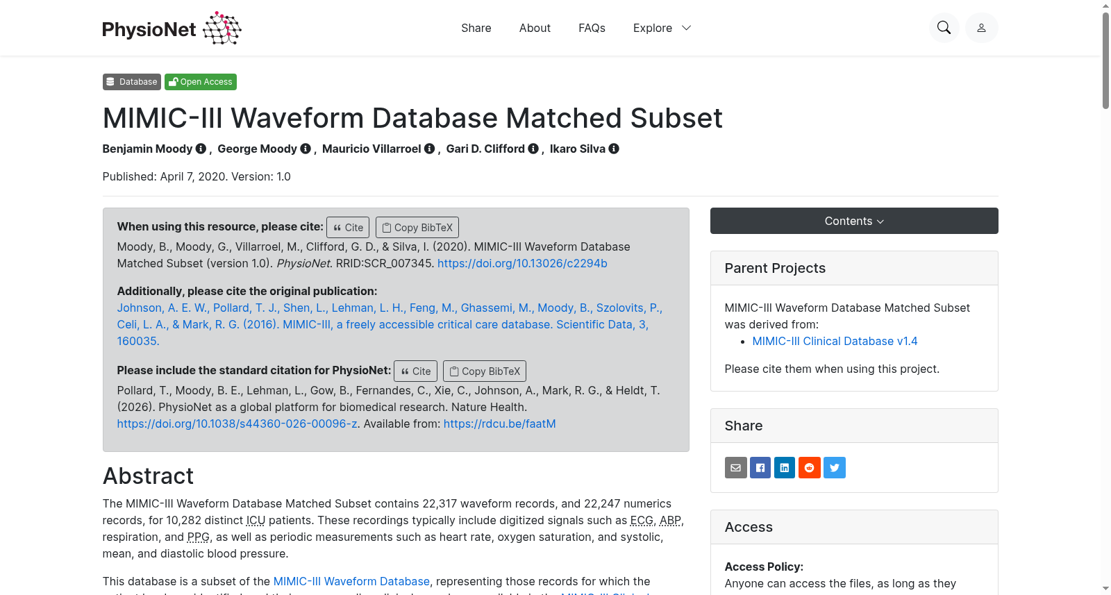 MIMIC-III Waveform Database Matched Subset 数据集图片
