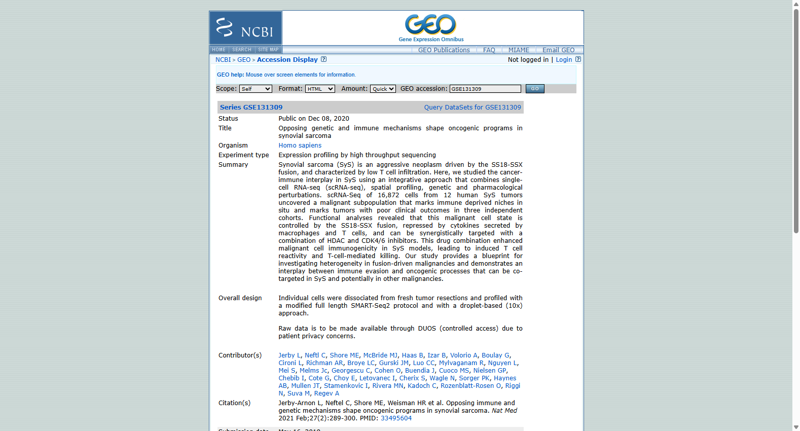 GSE131309 Opposing genetic and immune mechanisms shape oncogenic programs in synovial sarcoma
