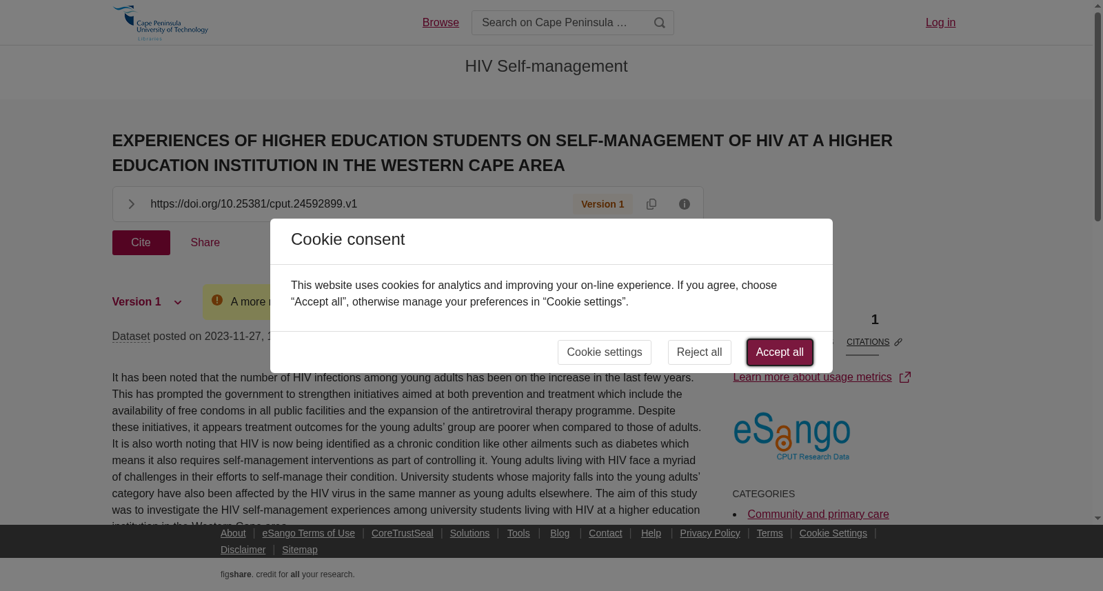 <b>EXPERIENCES OF HIGHER EDUCATION STUDENTS ON SELF-MANAGEMENT OF HIV AT A HIGHER EDUCATION INSTITUTION IN THE WESTERN CAPE AREA</b> 数据集图片