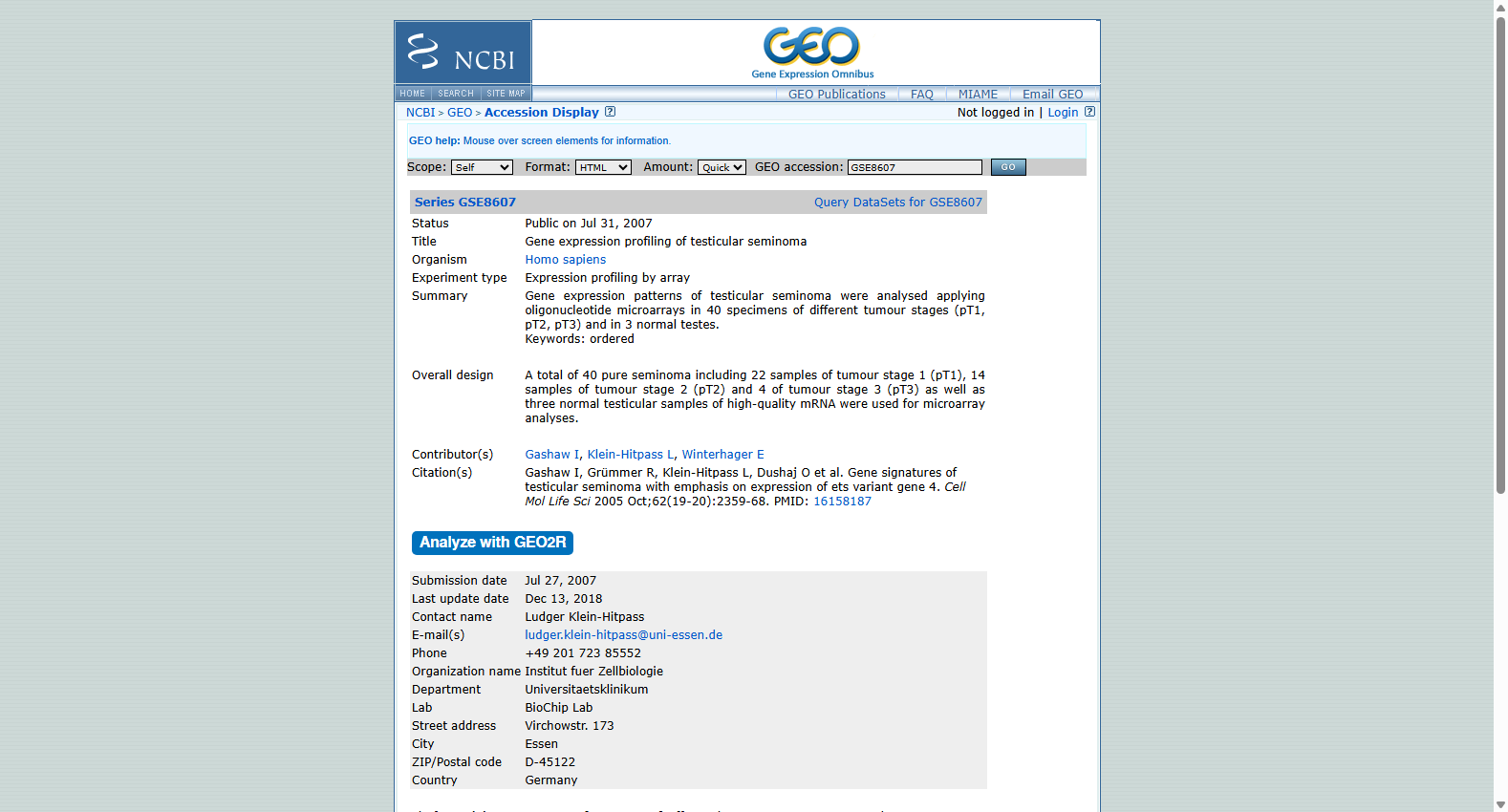 GSE8607 Gene Expression Profiling of Testicular Seminoma