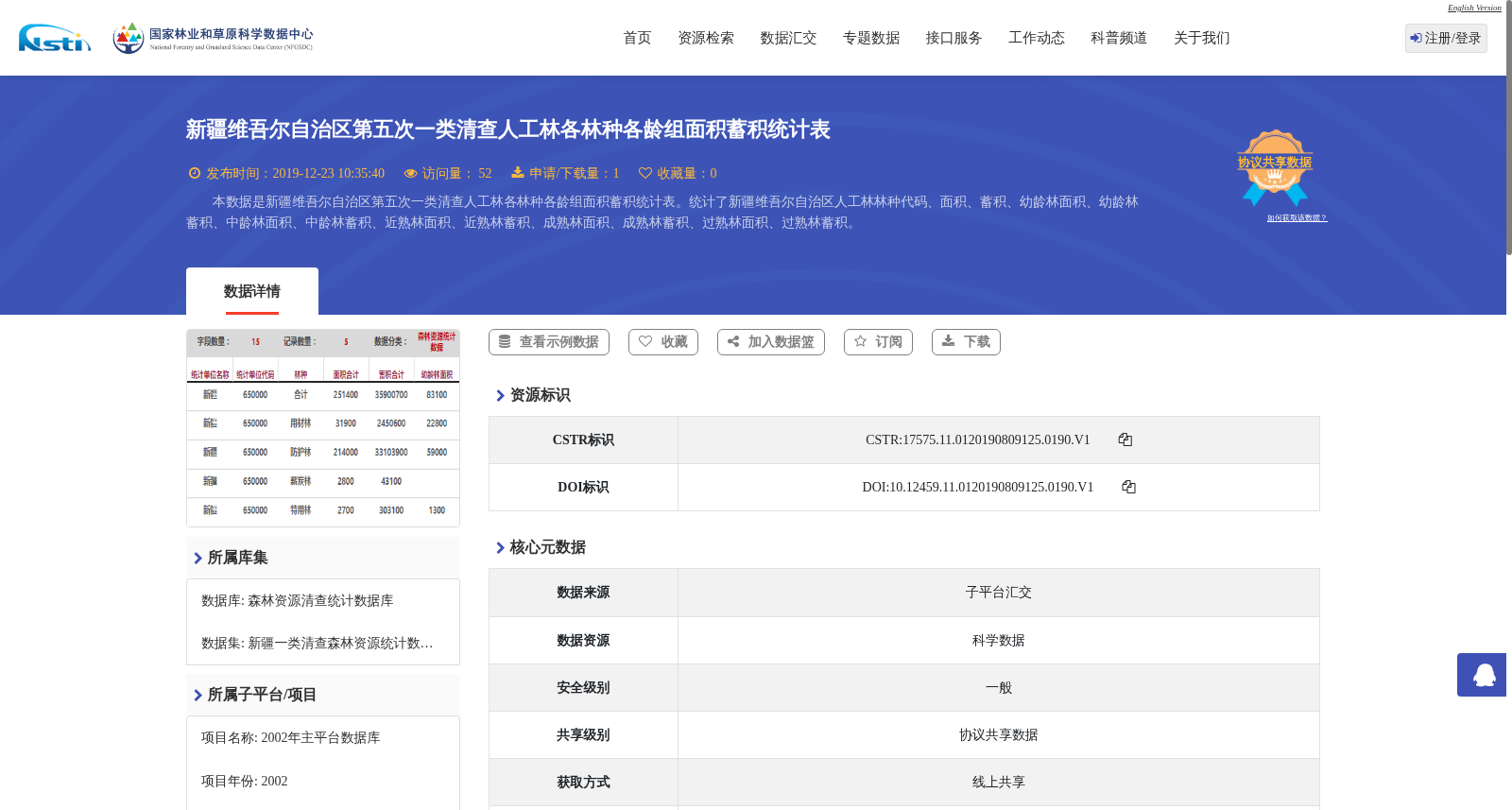 新疆维吾尔自治区第五次一类清查人工林各林种各龄组面积蓄积统计表 数据集图片