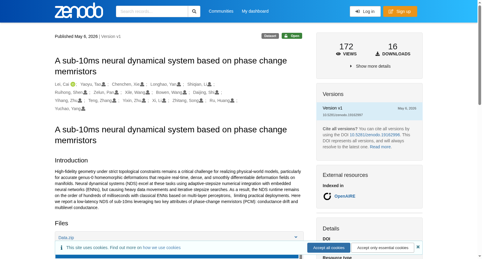A sub-10ms neural dynamical system based on phase change memristors 数据集图片