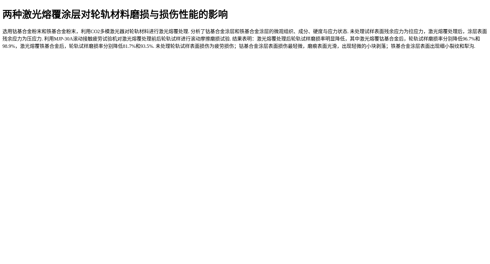 两种激光熔覆涂层对轮轨材料磨损与损伤性能的影响 数据集图片