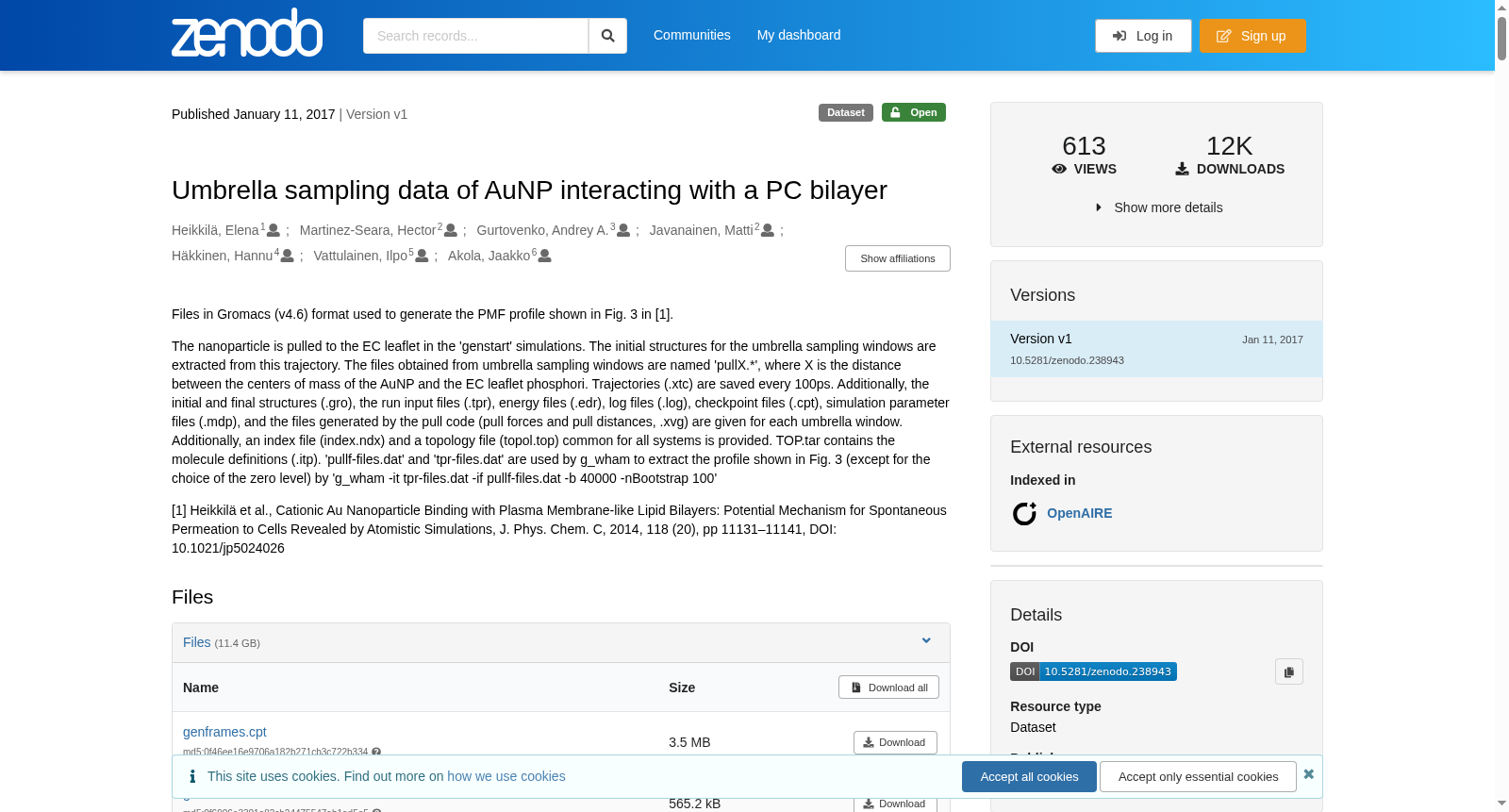 Umbrella sampling data of AuNP interacting with a PC bilayer 数据集图片