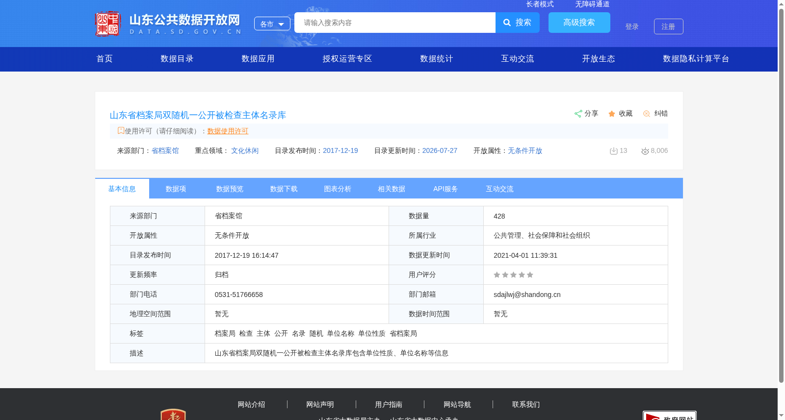 山东省档案局双随机一公开被检查主体名录库 数据集图片