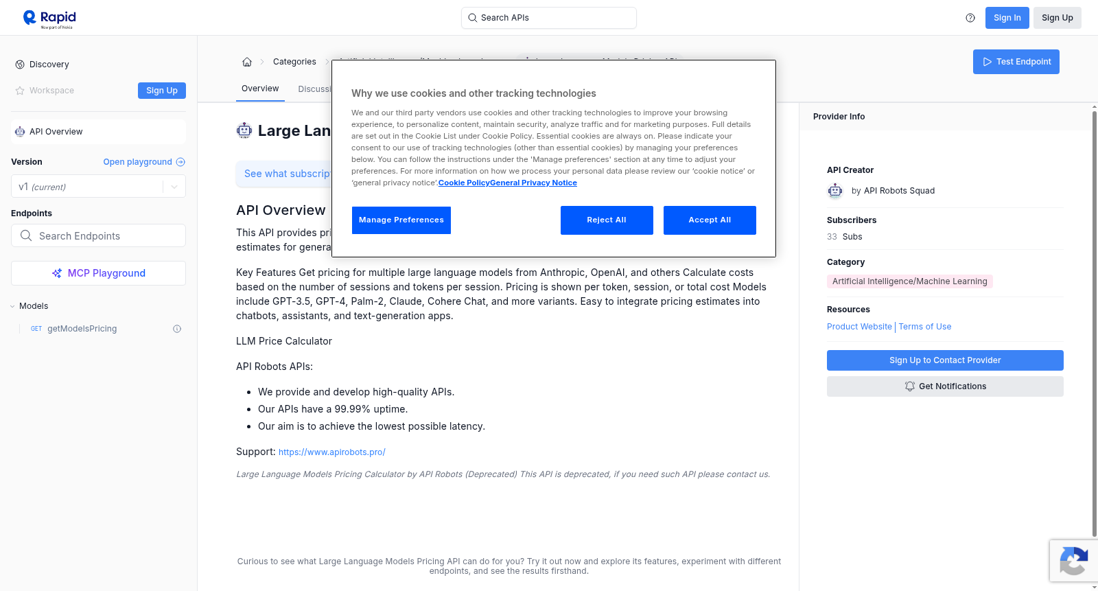 Large Language Models Pricing API 数据集图片