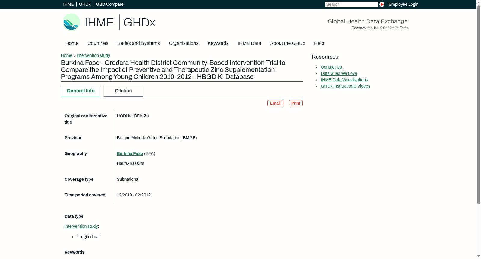 Burkina Faso - Orodara Health District Community-Based Intervention Trial to Compare the Impact of Preventive and Therapeutic Zinc Supplementation Programs Among Young Children 2010-2012 - HBGD KI Database 数据集图片