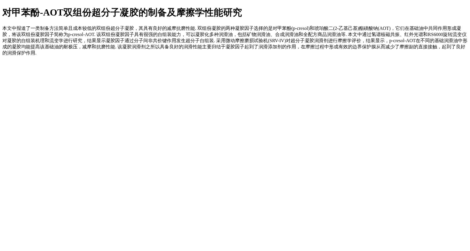 对甲苯酚-AOT双组份超分子凝胶的制备及摩擦学性能研究 数据集图片