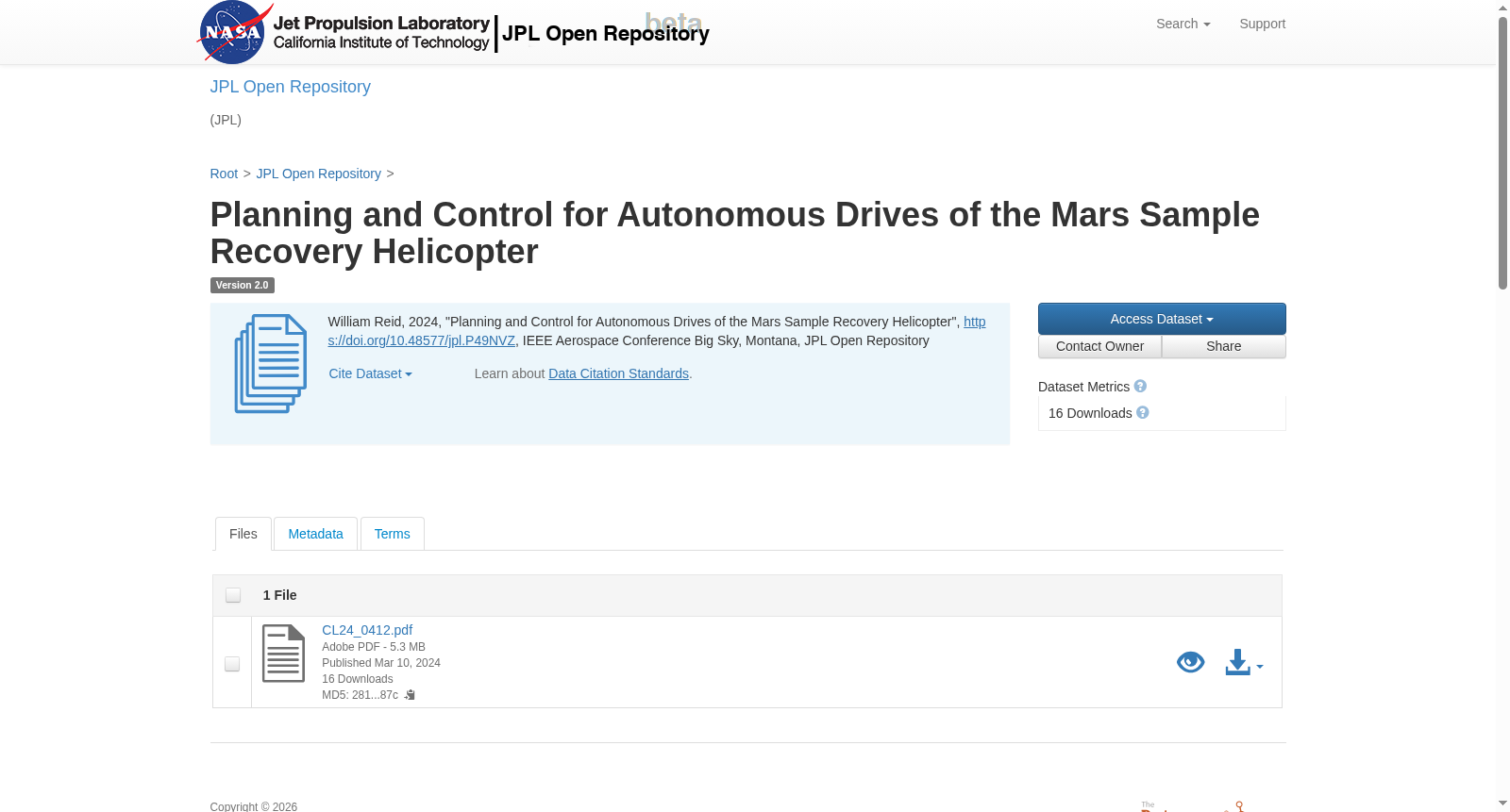 Planning and Control for Autonomous Drives of the Mars Sample Recovery Helicopter 数据集图片