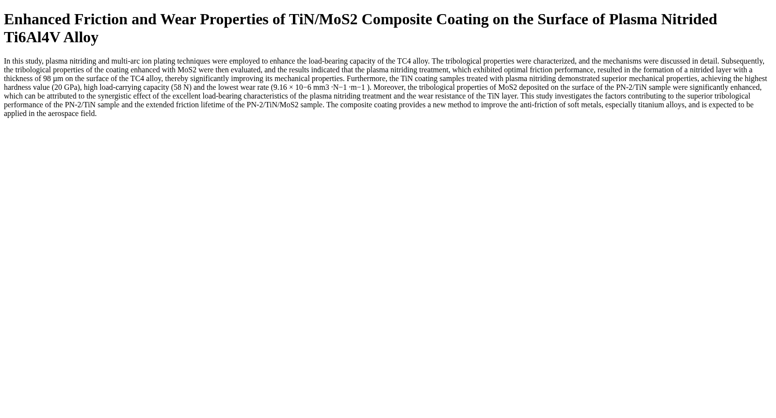 Enhanced Friction and Wear Properties of TiN/MoS2 Composite Coating on the Surface of Plasma Nitrided Ti6Al4V Alloy 数据集图片