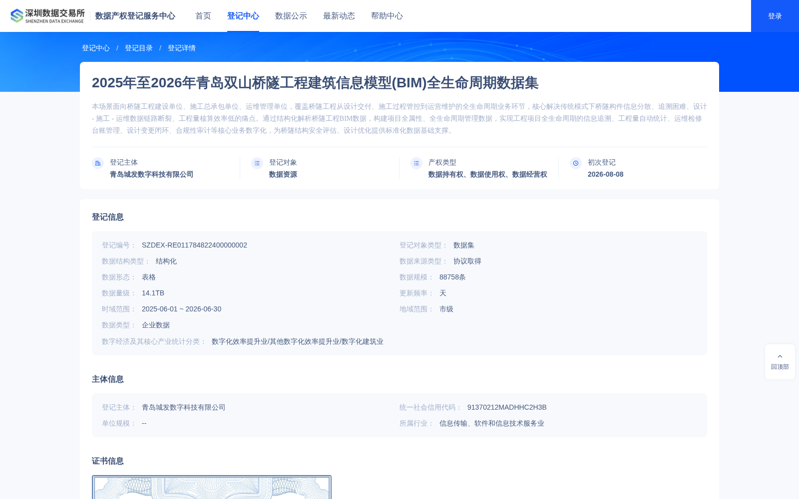 青岛双山桥隧2025-2026年BIM全生命周期数据集完成深圳数登中心登记 赋能基建数字化价值释放