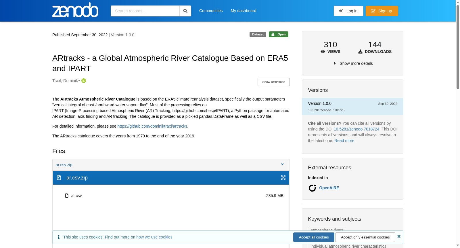 ARtracks - a Global Atmospheric River Catalogue Based on ERA5 and IPART 数据集图片