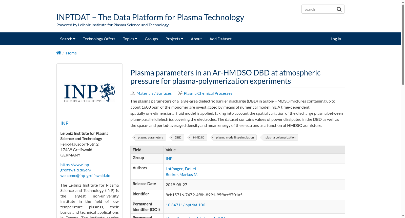 Plasma parameters in an Ar-HMDSO DBD at atmospheric pressure for plasma-polymerization experiments 数据集图片
