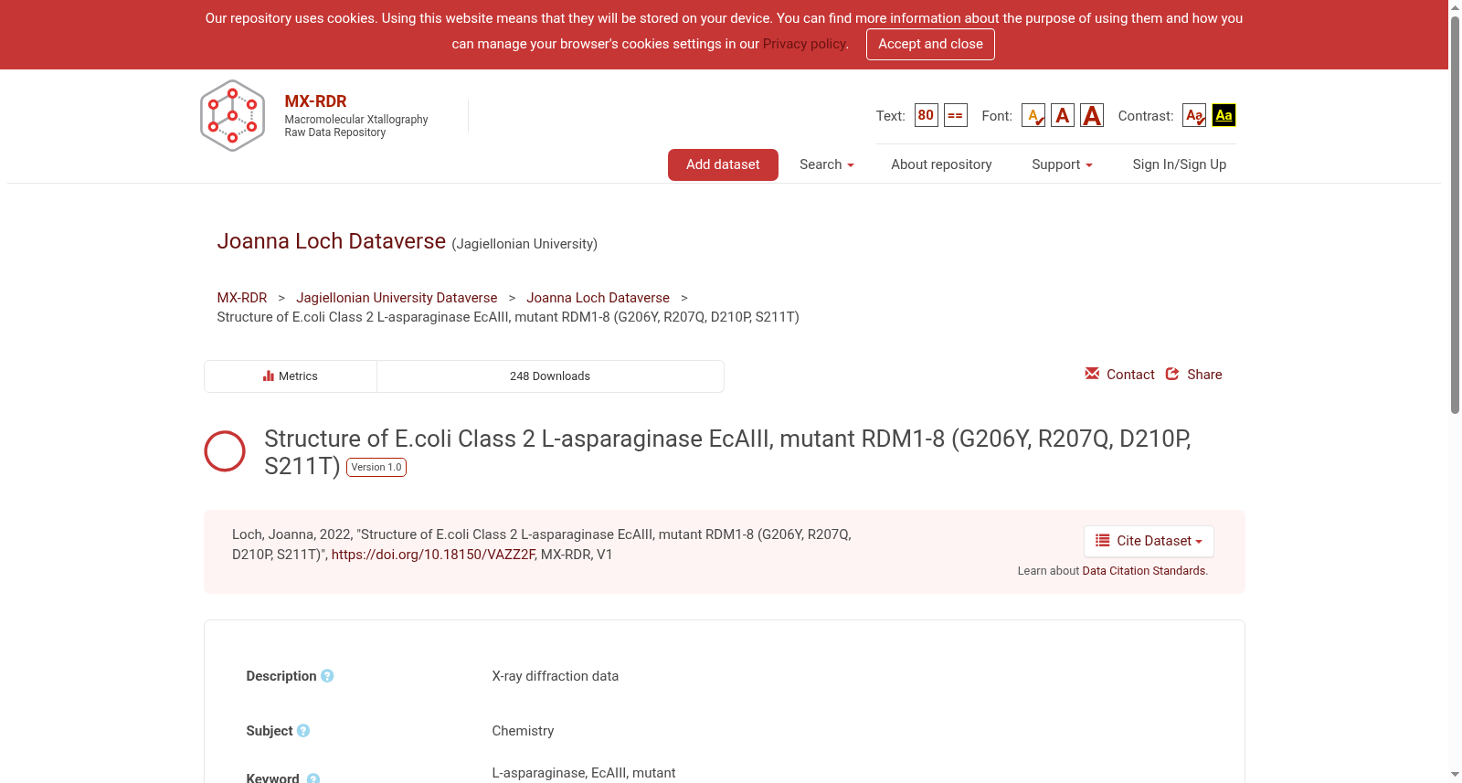 Structure of E.coli Class 2 L-asparaginase EcAIII, mutant RDM1-8 (G206Y, R207Q, D210P, S211T) 数据集图片