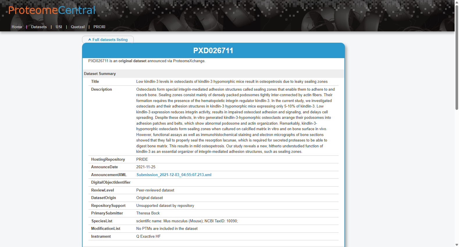 Osteopetrosis-related Kindlin-3 osteoclast proteomics PXD026711