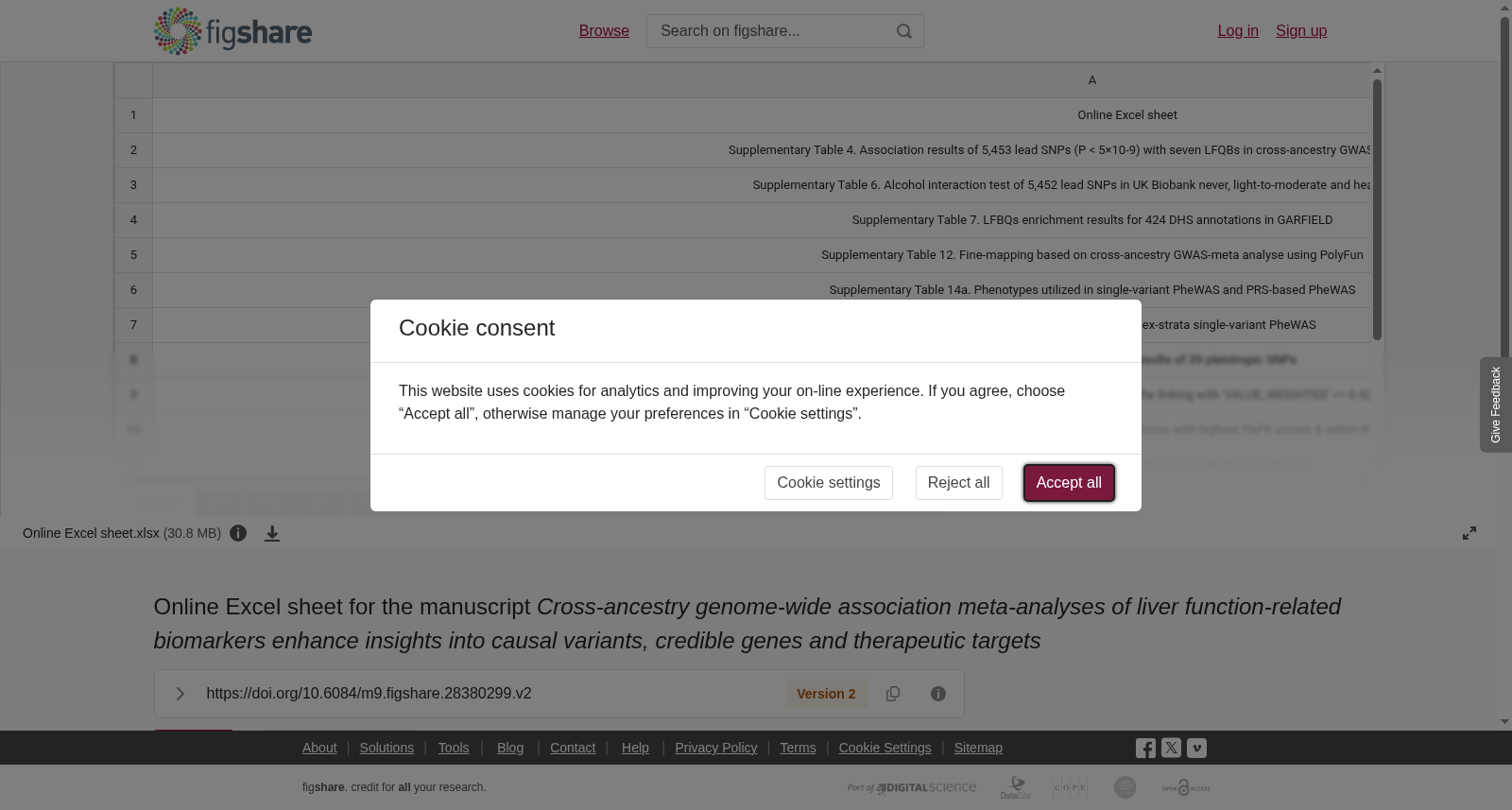 Online Excel sheet for the manuscript <i>Cross-ancestry genome-wide association meta-analyses of liver function-related biomarkers enhance insights into causal variants, credible genes and therapeutic targets</i> 数据集图片