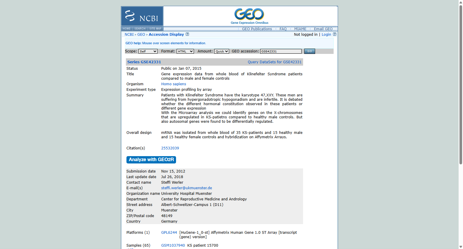 Klinefelter syndrome whole-blood expression GSE42331