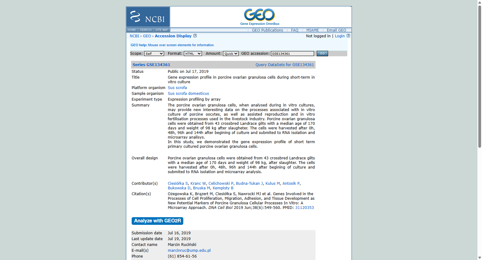 GEO Mesothelioma Primary Cell Lines Genomic Dataset (GSE134361)
