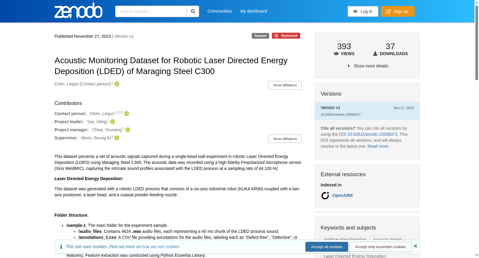 Acoustic Monitoring Dataset for Robotic Laser Directed Energy Deposition (LDED) of Maraging Steel C300 数据集图片