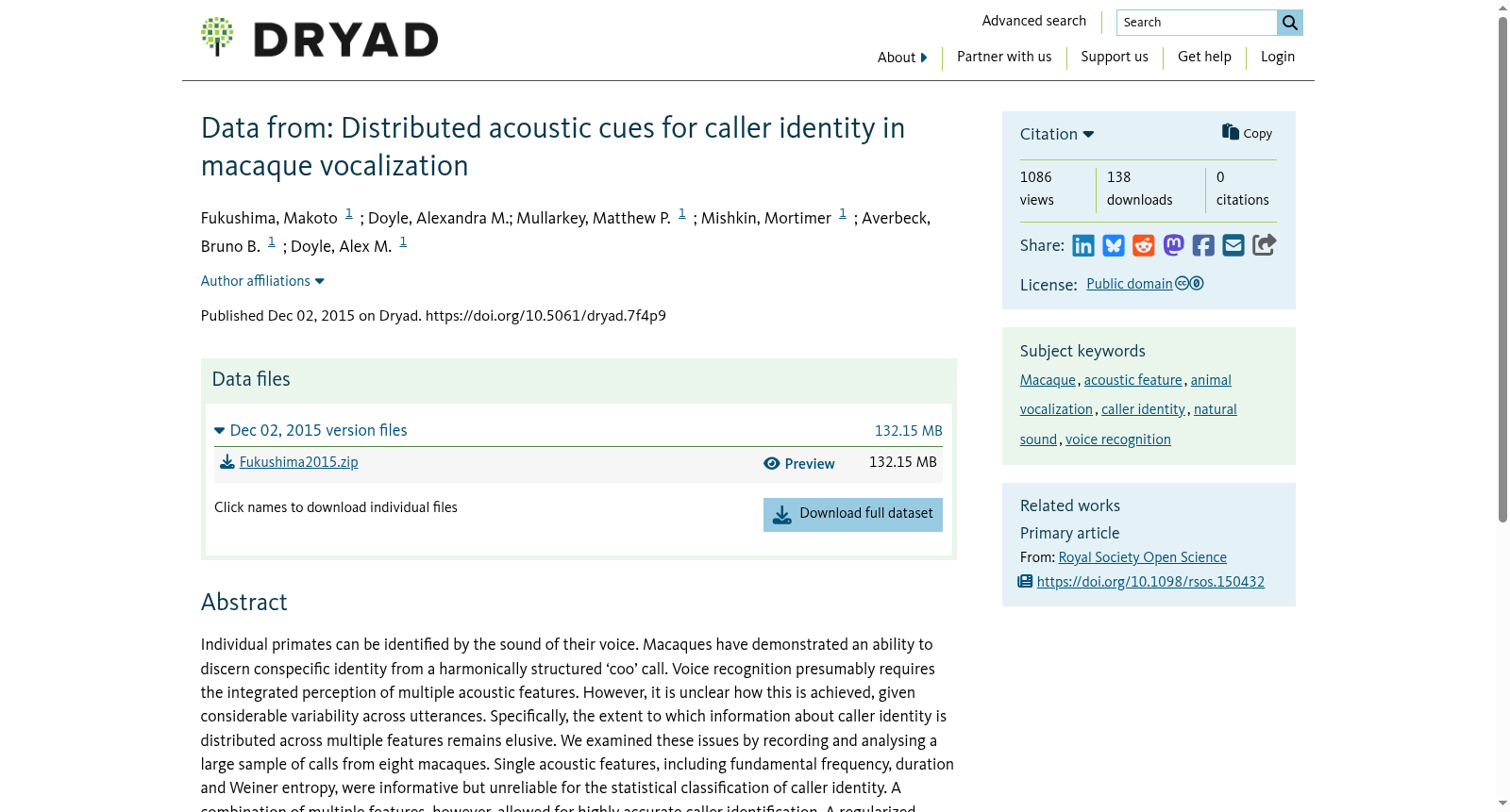Data from: Distributed acoustic cues for caller identity in macaque vocalization 数据集图片