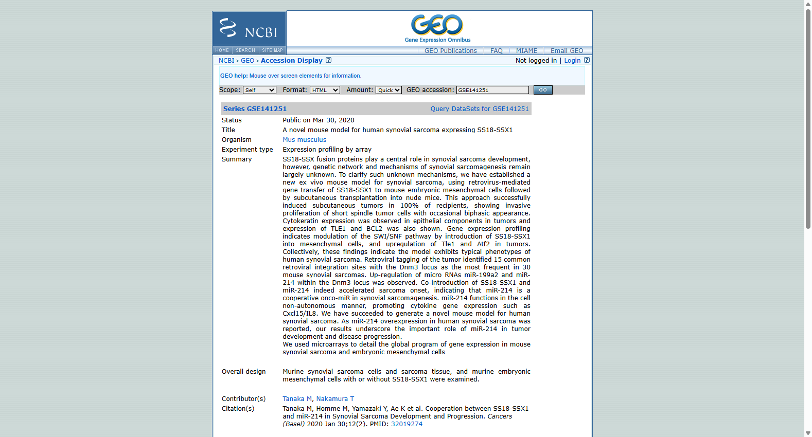 GSE141251 A novel mouse model for human synovial sarcoma expressing SS18-SSX