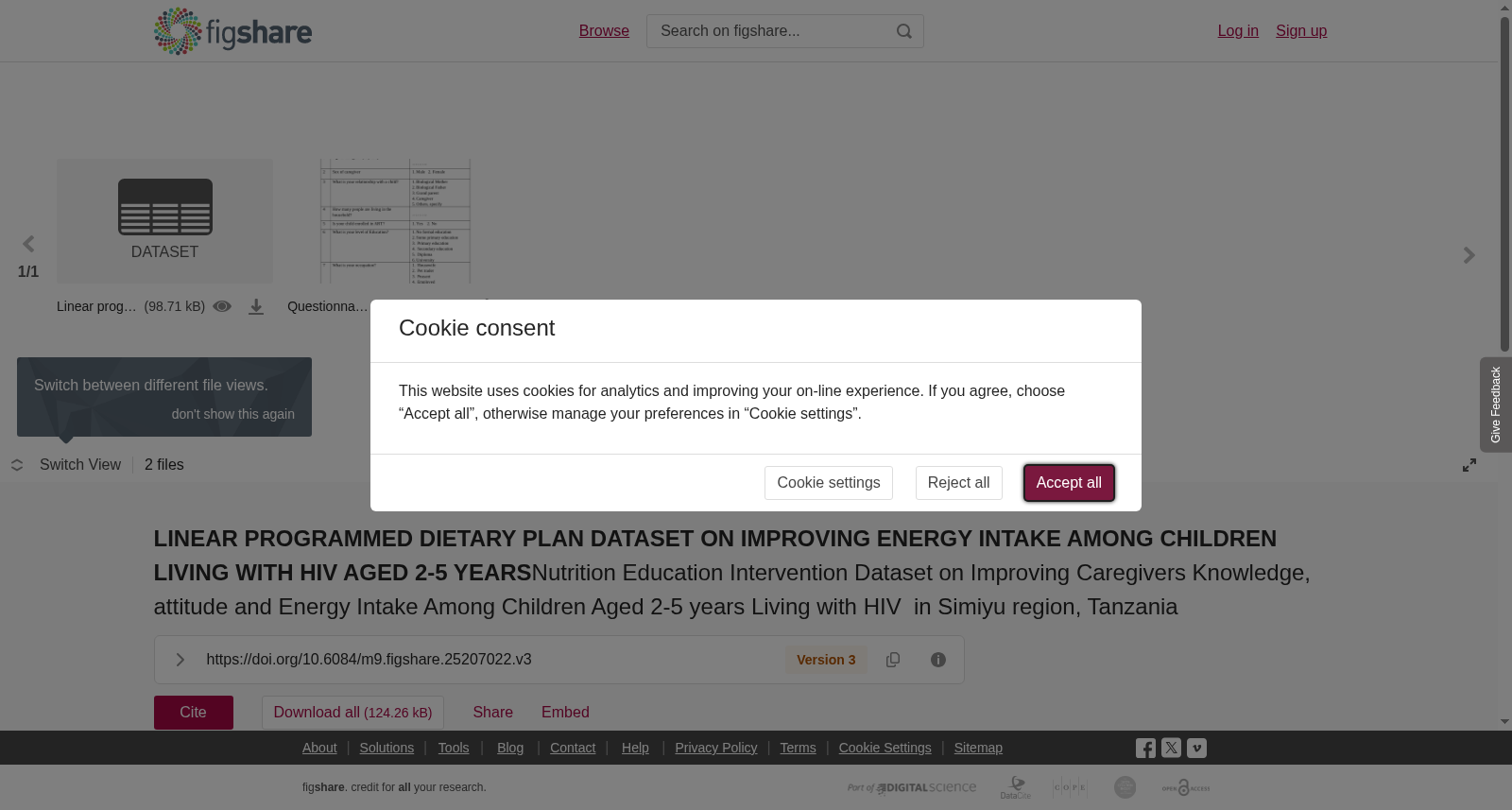 <b>LINEAR PROGRAMMED DIETARY PLAN DATASET </b><b>ON IMPROVING ENERGY INTAKE AMONG CHILDREN LIVING WITH HIV AGED 2-5 YEARS</b>Nutrition Education Intervention Dataset on Improving Caregivers Knowledge, attitude and Energy Intake Among Children Aged 2-5 years Living with HIV in Simiyu region, Tanzania 数据集图片