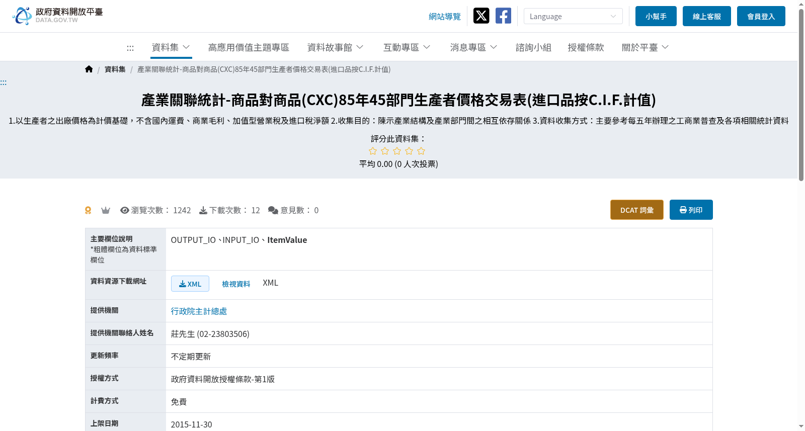 產業關聯統計-商品對商品(CXC)85年45部門生產者價格交易表(進口品按C.I.F.計值) 数据集图片