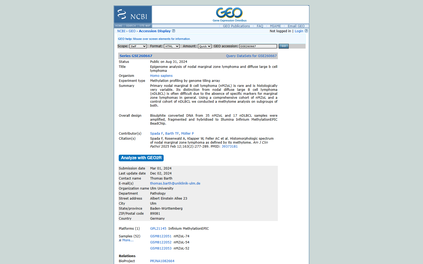 GSE260667 Epigenome analysis of nodal marginal zone lymphoma and diffuse large B cell lymphoma