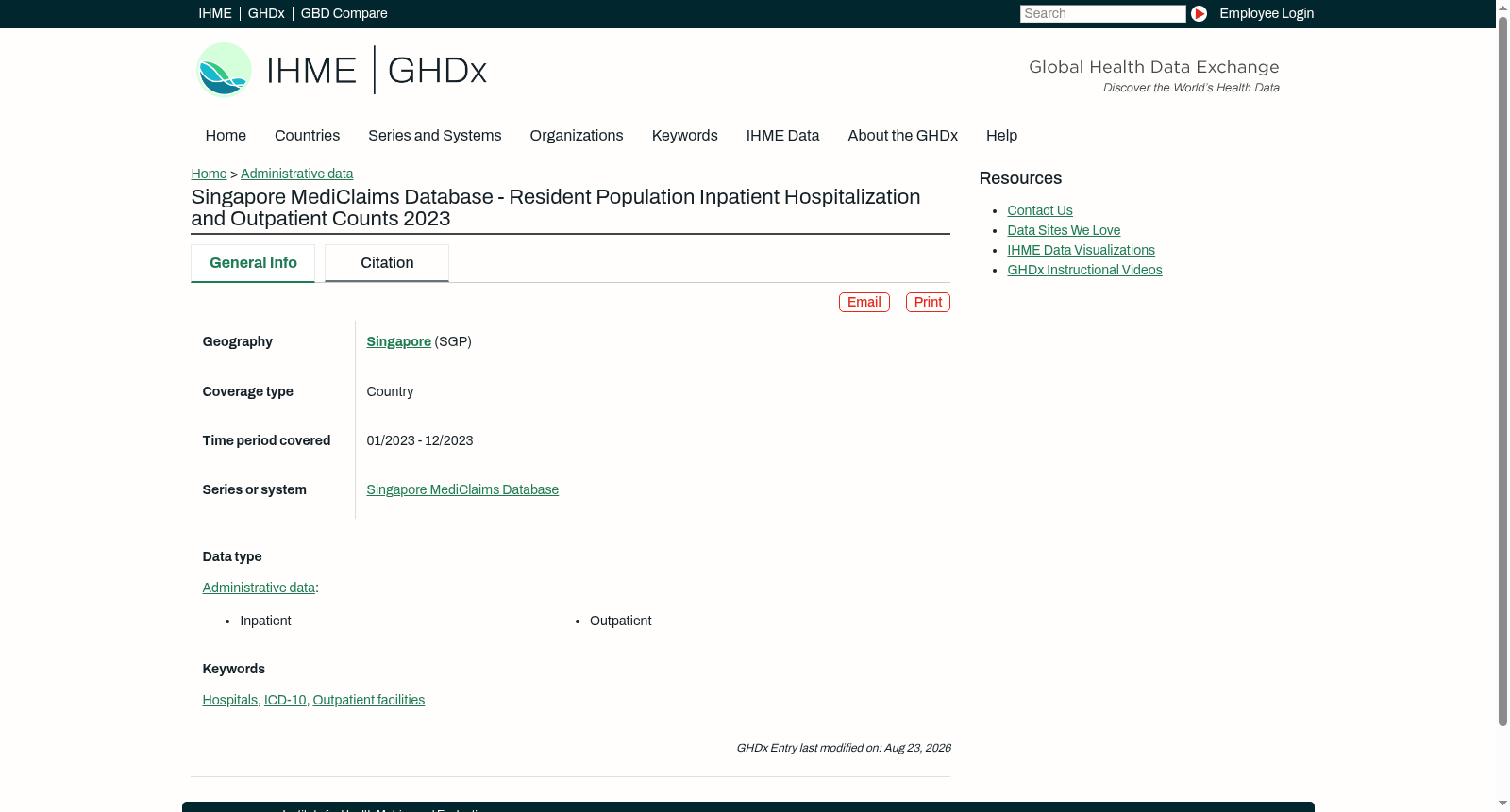 Singapore MediClaims Database - Resident Population Inpatient Hospitalization and Outpatient Counts 2023 数据集图片