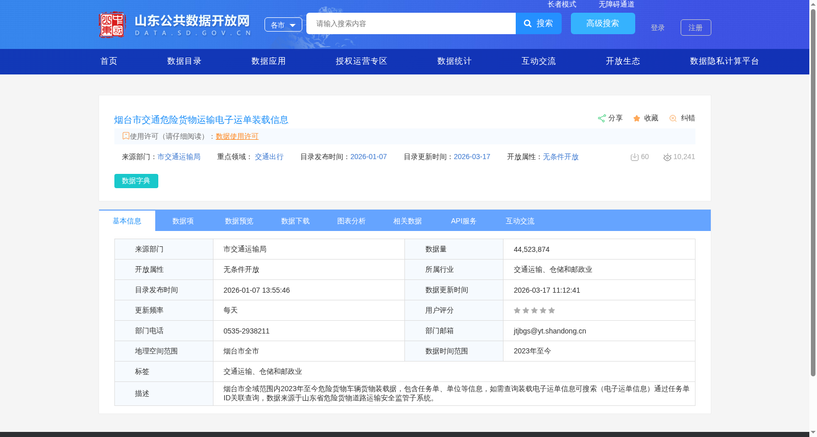 烟台市交通危险货物运输电子运单装载信息 数据集图片