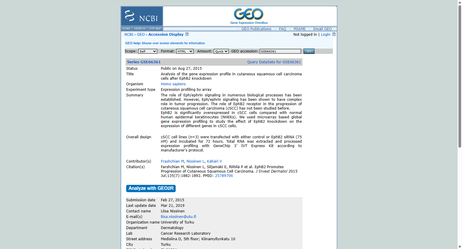 GSE66361 Gene Expression Profile in Cutaneous Squamous Cell Carcinoma Cells after EphB2 Knockdown