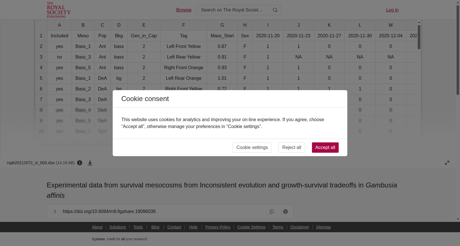 Experimental data from survival mesocosms from Inconsistent evolution and growth-survival tradeoffs in <i>Gambusia affinis</i> 数据集图片