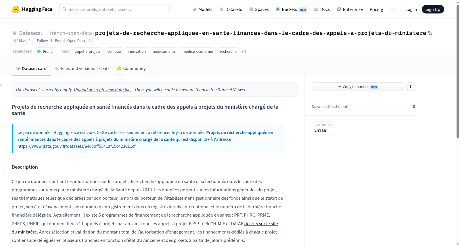 Data-Gouv-FR/projets-de-recherche-appliquee-en-sante-finances-dans-le-cadre-des-appels-a-projets-du-ministere 数据集图片