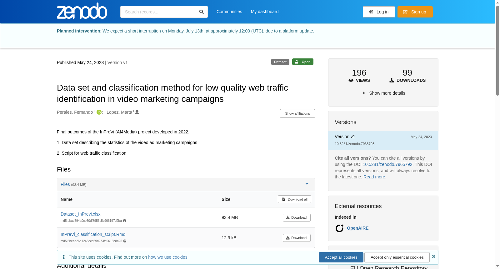 Data set and classification method for low quality web traffic identification in video marketing campaigns 数据集图片