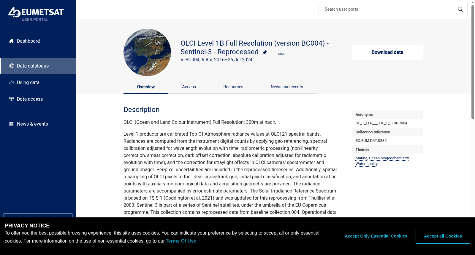 OLCI Level 1B Full Resolution (version BC004) - Sentinel-3 - Reprocessed 数据集图片