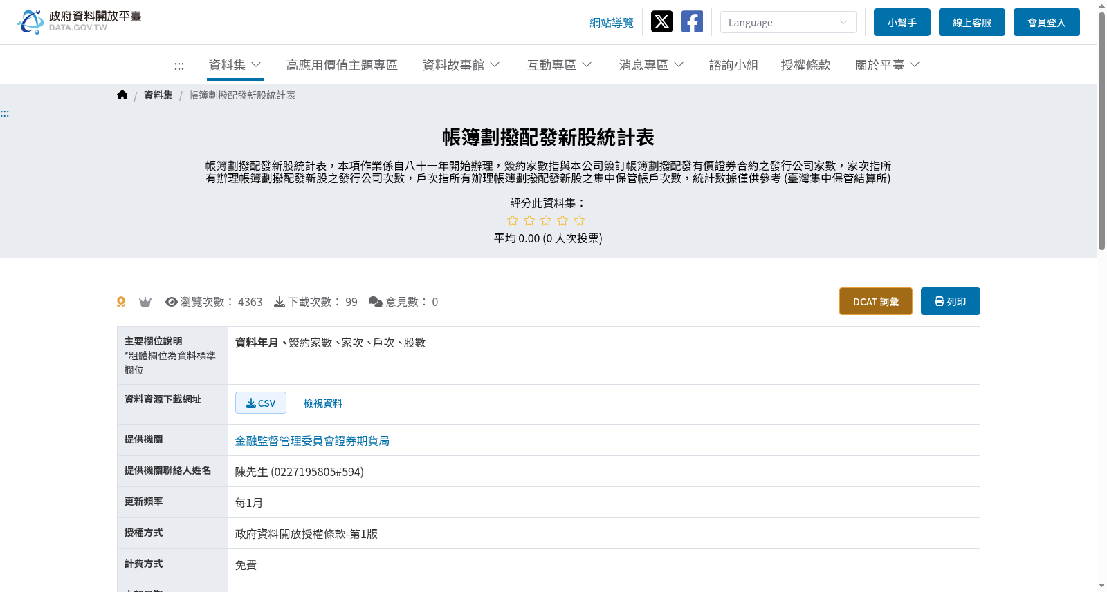帳簿劃撥配發新股統計表 数据集图片