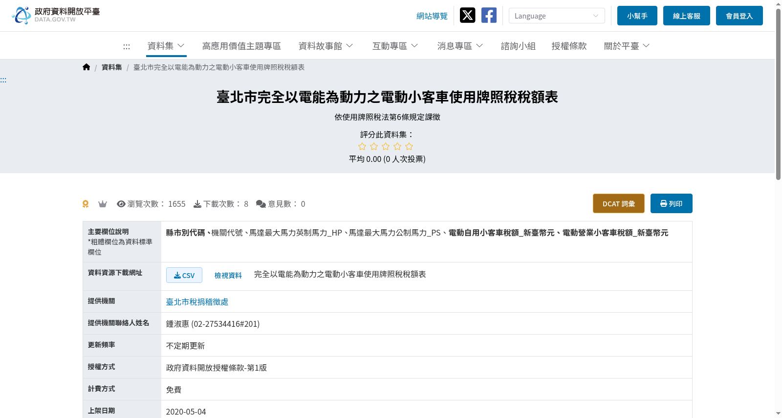 臺北市完全以電能為動力之電動小客車使用牌照稅稅額表 数据集图片