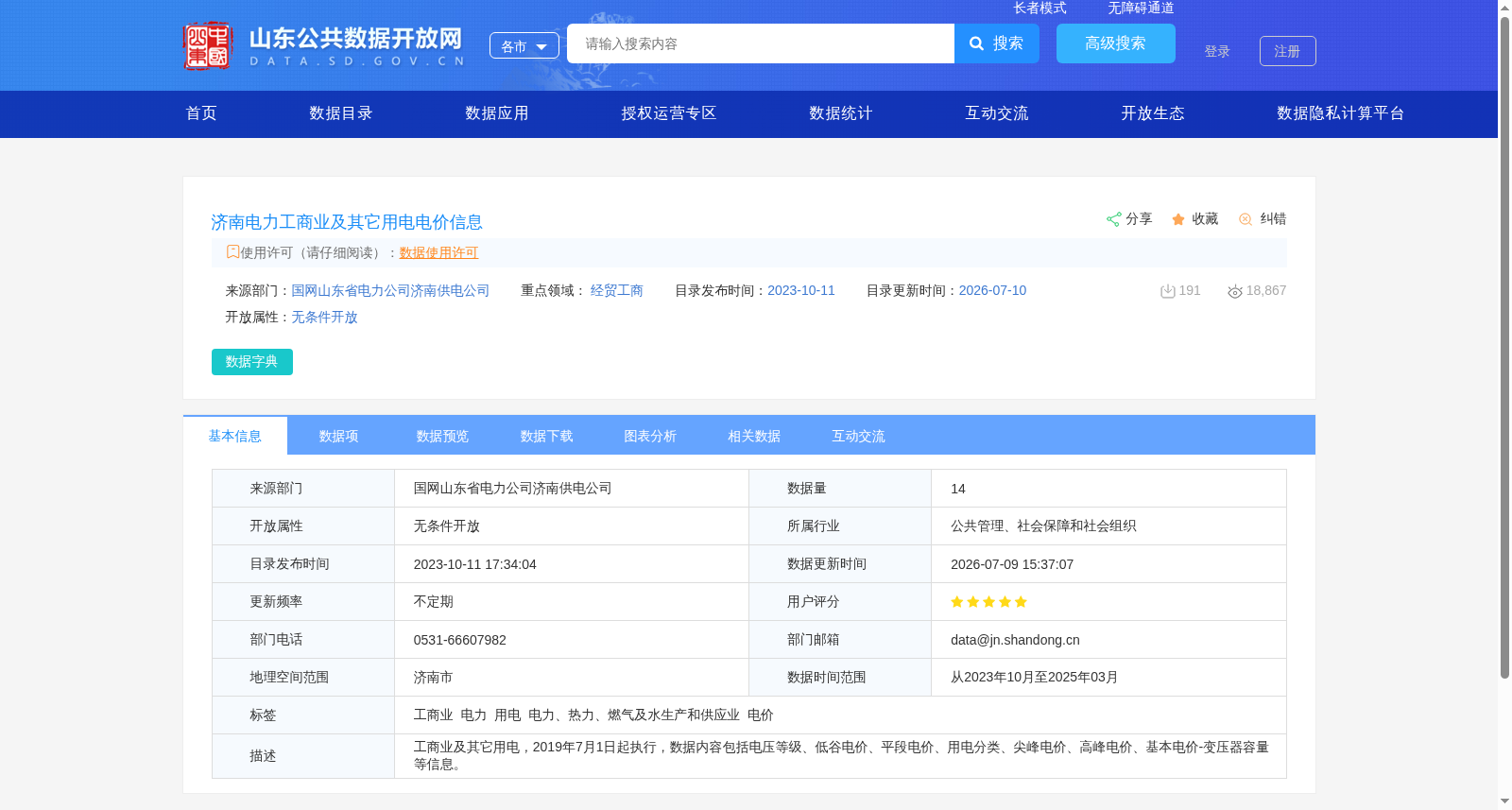 济南电力工商业及其它用电电价信息 数据集图片