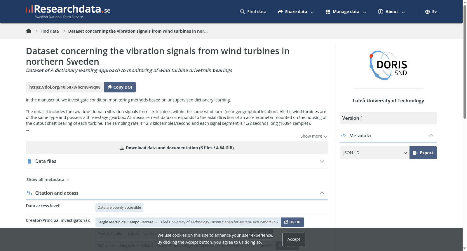Dataset concerning the vibration signals from wind turbines in northern Sweden 数据集图片