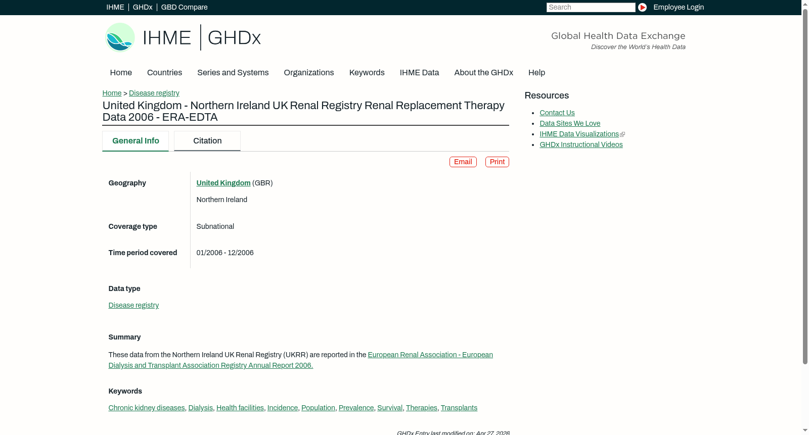 United Kingdom - Northern Ireland UK Renal Registry Renal Replacement Therapy Data 2006 - ERA-EDTA 数据集图片