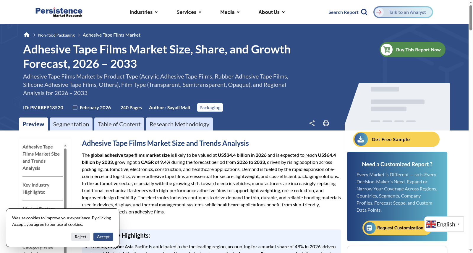 Adhesive Tape Films Market - Persistence Market Research 数据集图片