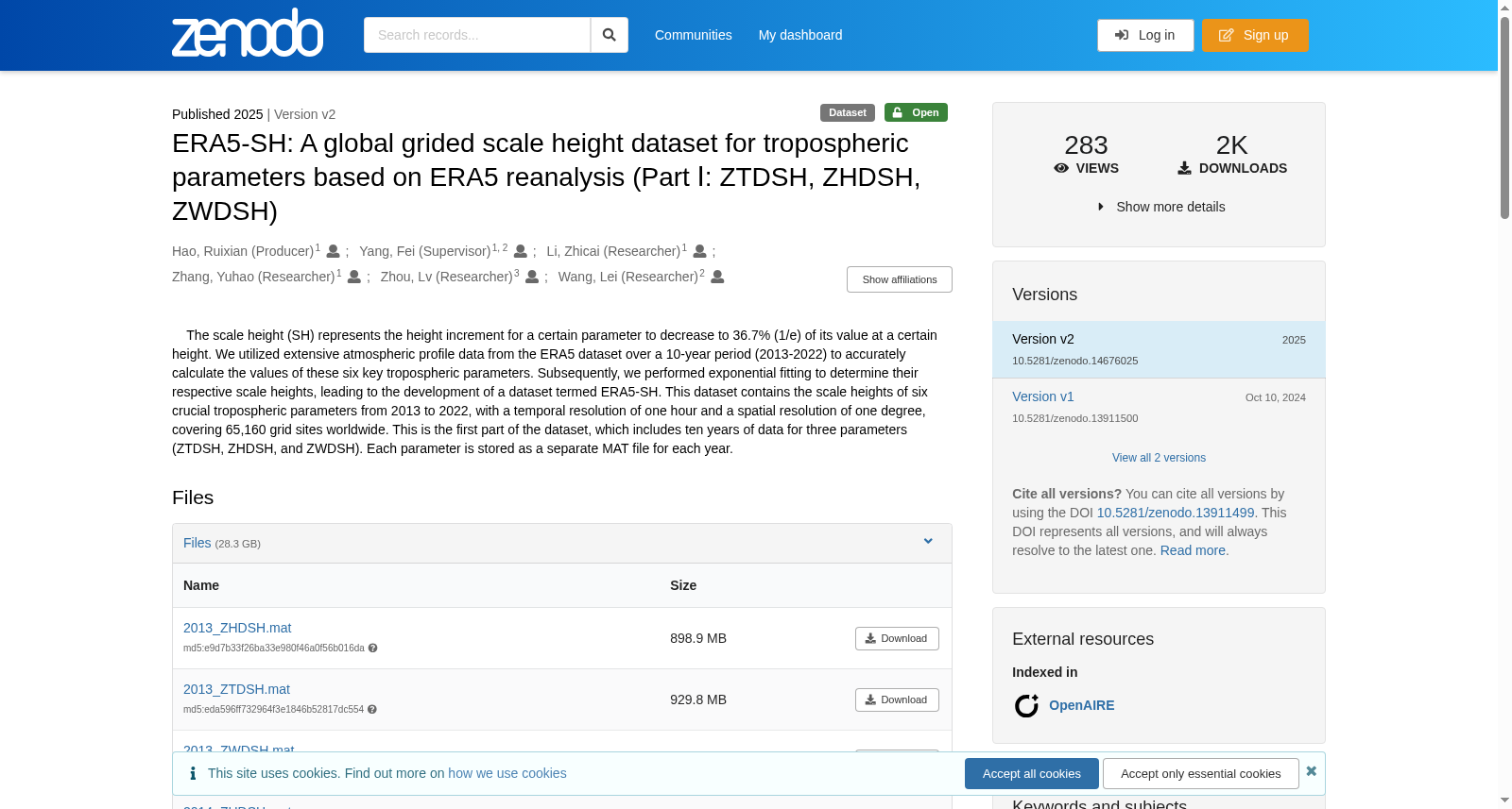 ERA5-SH: A global grided scale height dataset for tropospheric parameters based on ERA5 reanalysis (Part Ⅰ: ZTDSH, ZHDSH, ZWDSH) 数据集图片