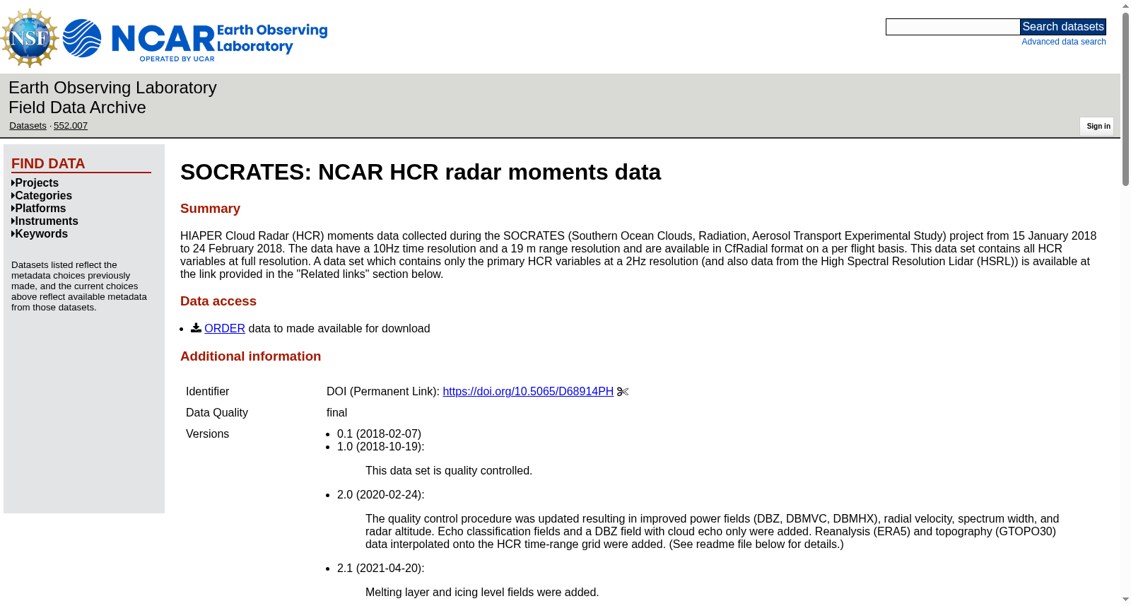 SOCRATES: NCAR HCR radar moments data. Version 3.2 数据集图片