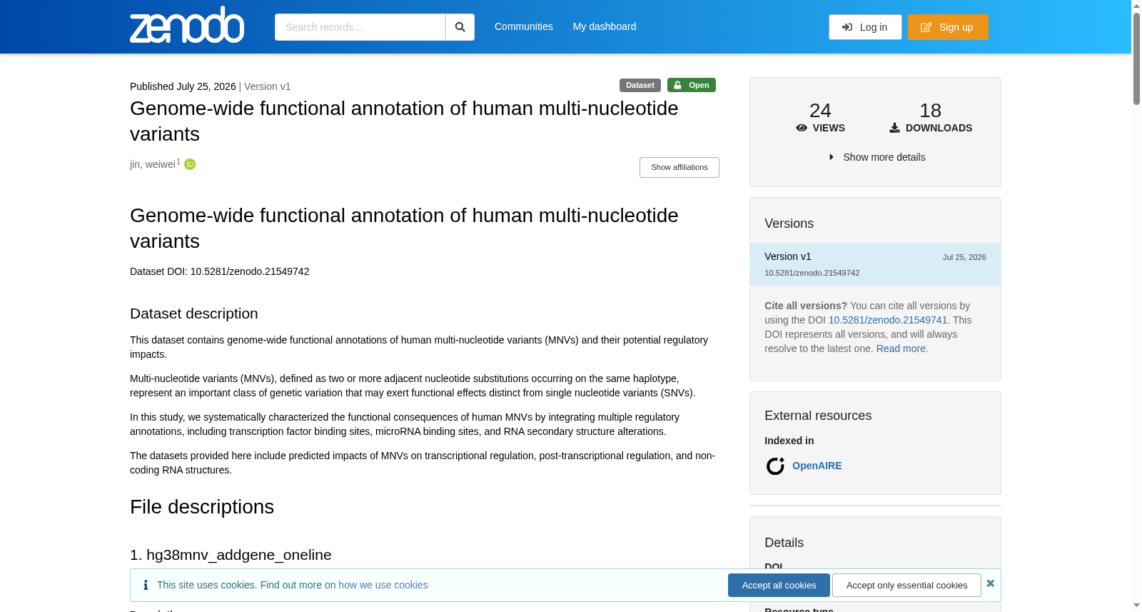 Genome-wide functional annotation of human multi-nucleotide variants 数据集图片