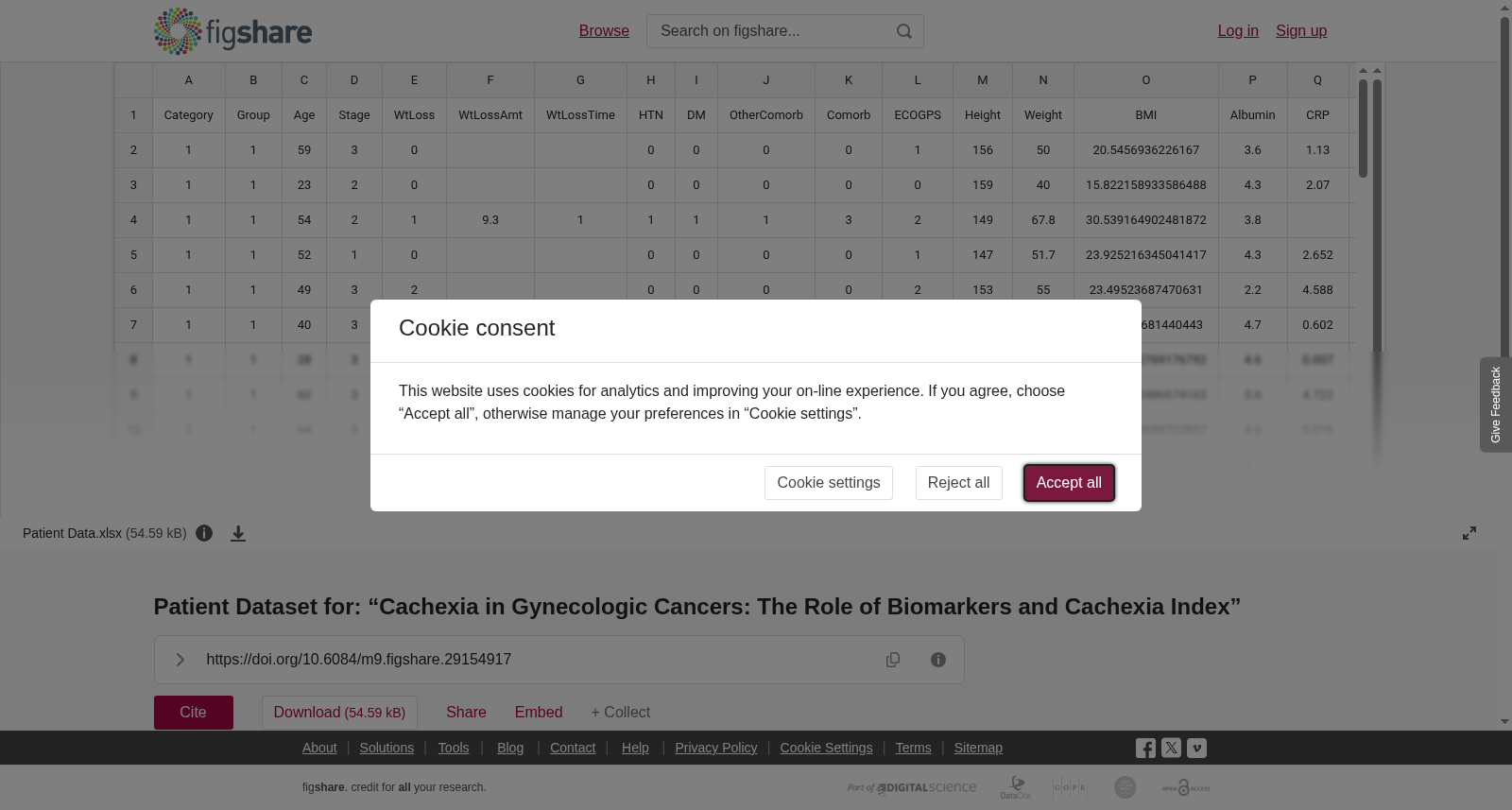 <b>Patient Dataset for: “Cachexia in Gynecologic Cancers: The Role of Biomarkers and Cachexia Index”</b> 数据集图片