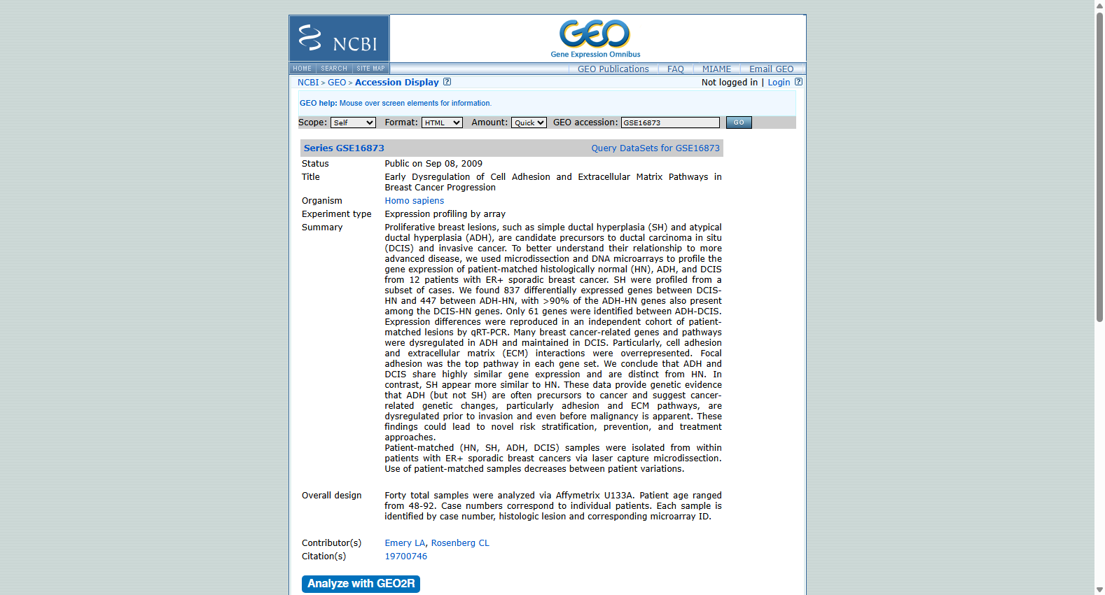 GSE16873 Early Dysregulation in Breast Cancer Progression