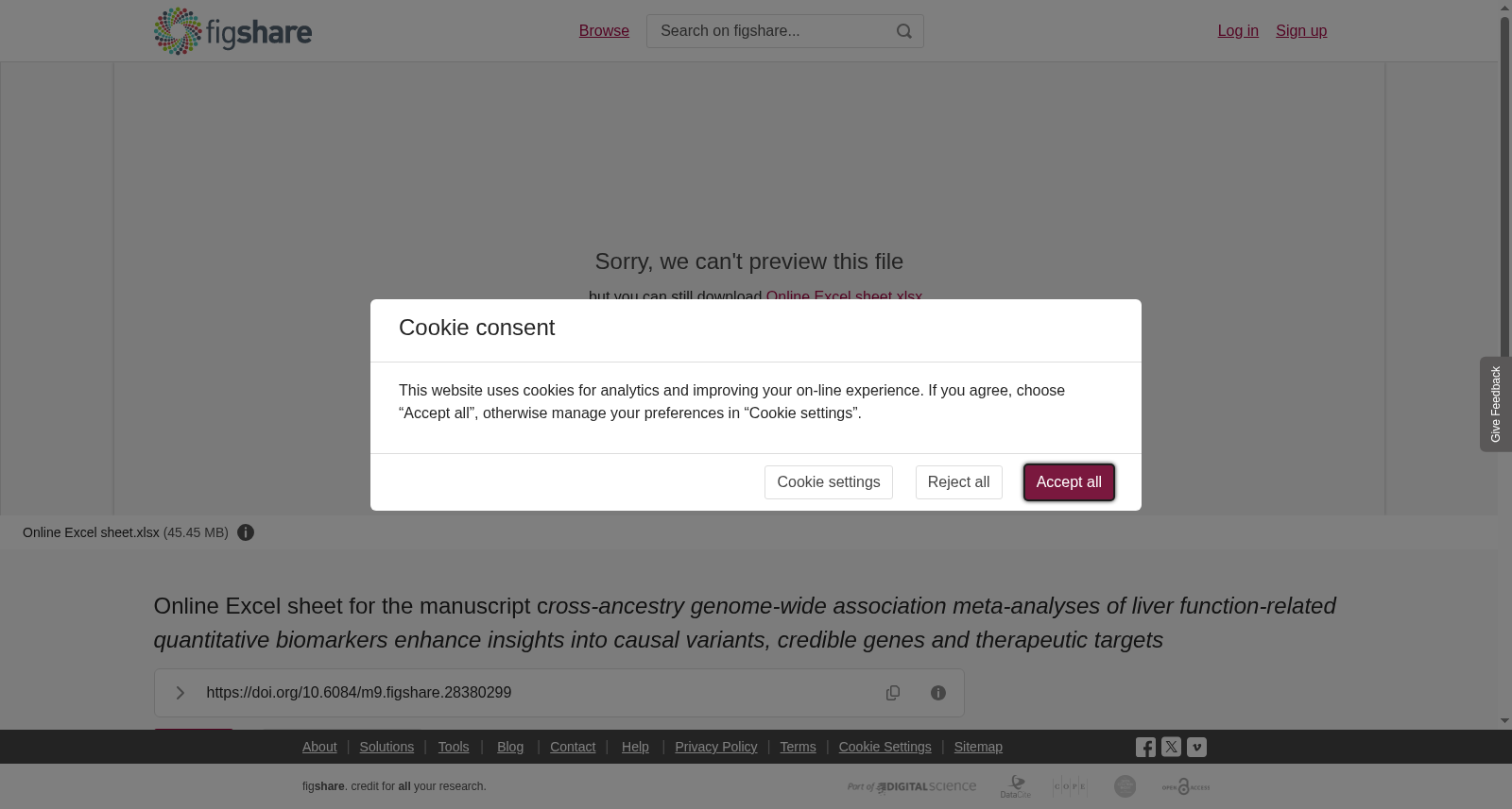 Online Excel sheet for the manuscript c<i>ross-ancestry genome-wide association meta-analyses of liver function-related quantitative biomarkers enhance insights into causal variants, credible genes and therapeutic targets</i> 数据集图片
