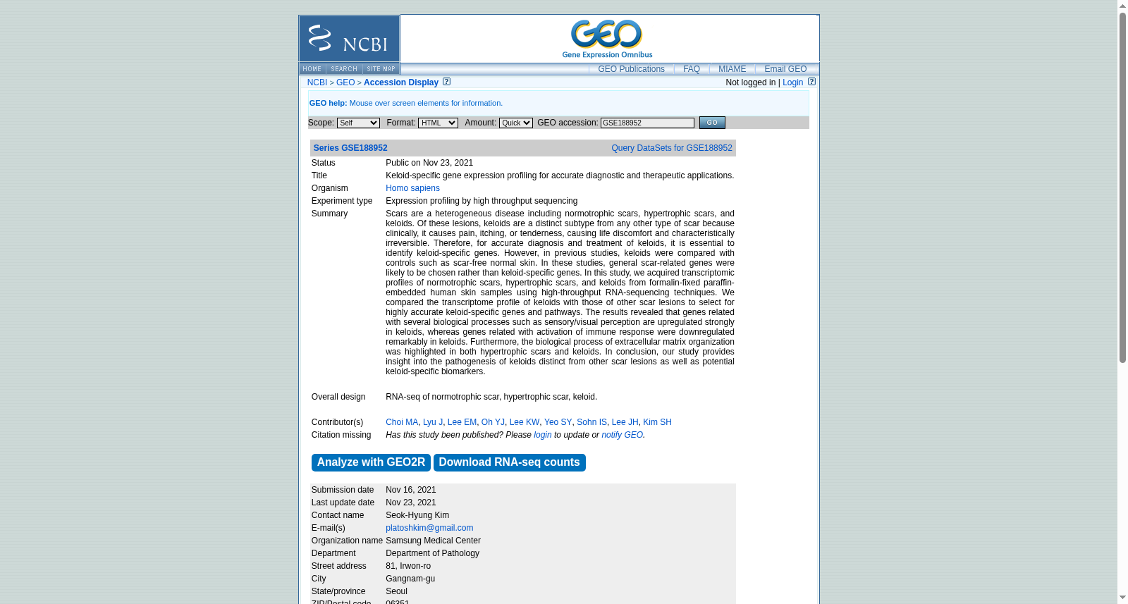 Keloid-specific gene expression profiling for accurate diagnostic and therapeutic applications. 数据集图片