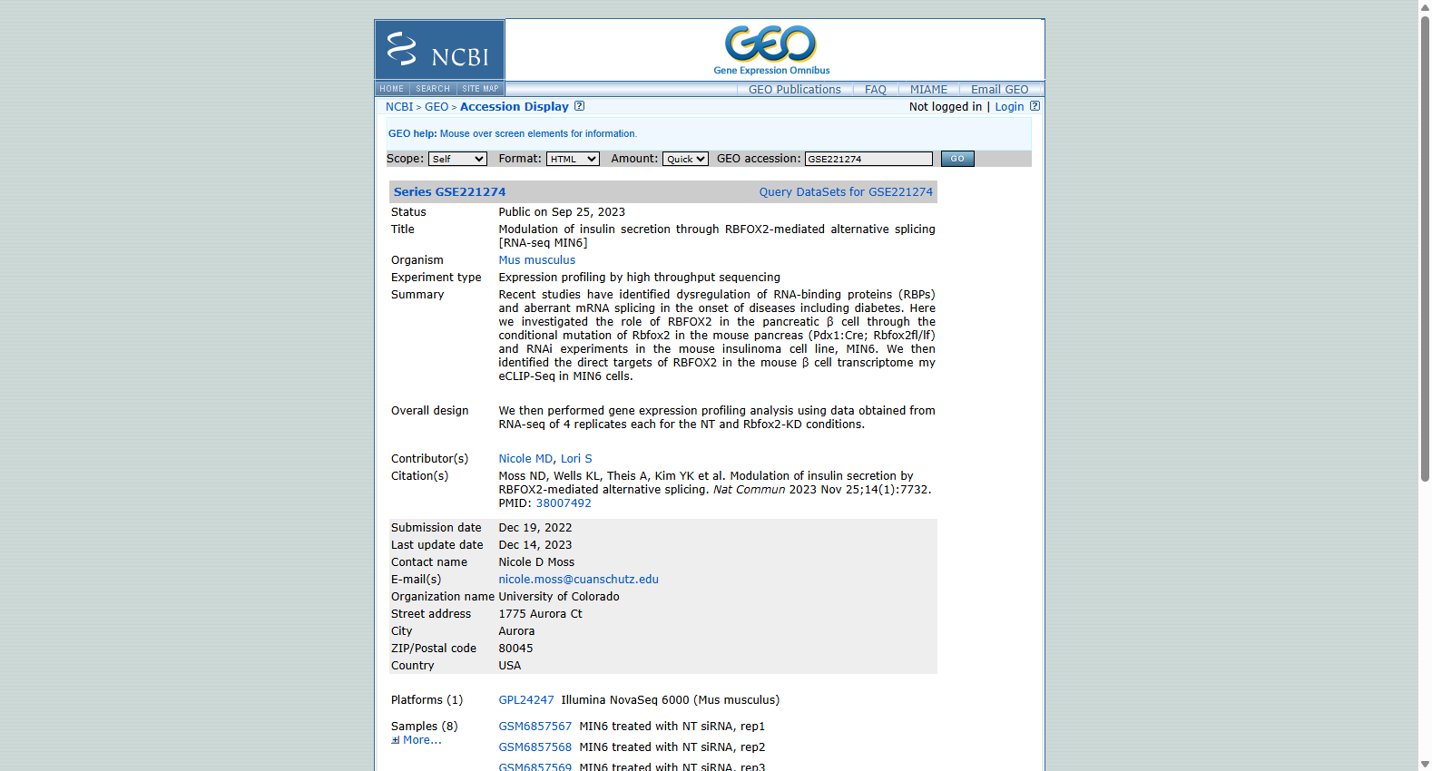 GSE221274 Modulation of insulin secretion through RBFOX2-mediated alternative splicing RNA-seq MIN6